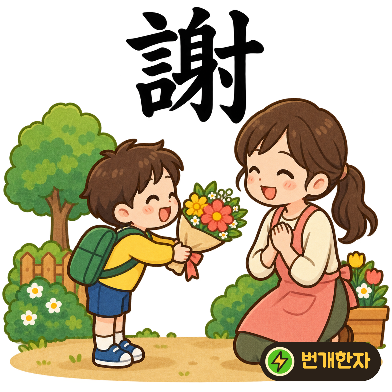 謝: 말씀 言 옆에 몸 身과 寸이 있어요. 몸을 숙여 ‘감사합니다’라고 사례하는 장면이에요. (기억 그림)