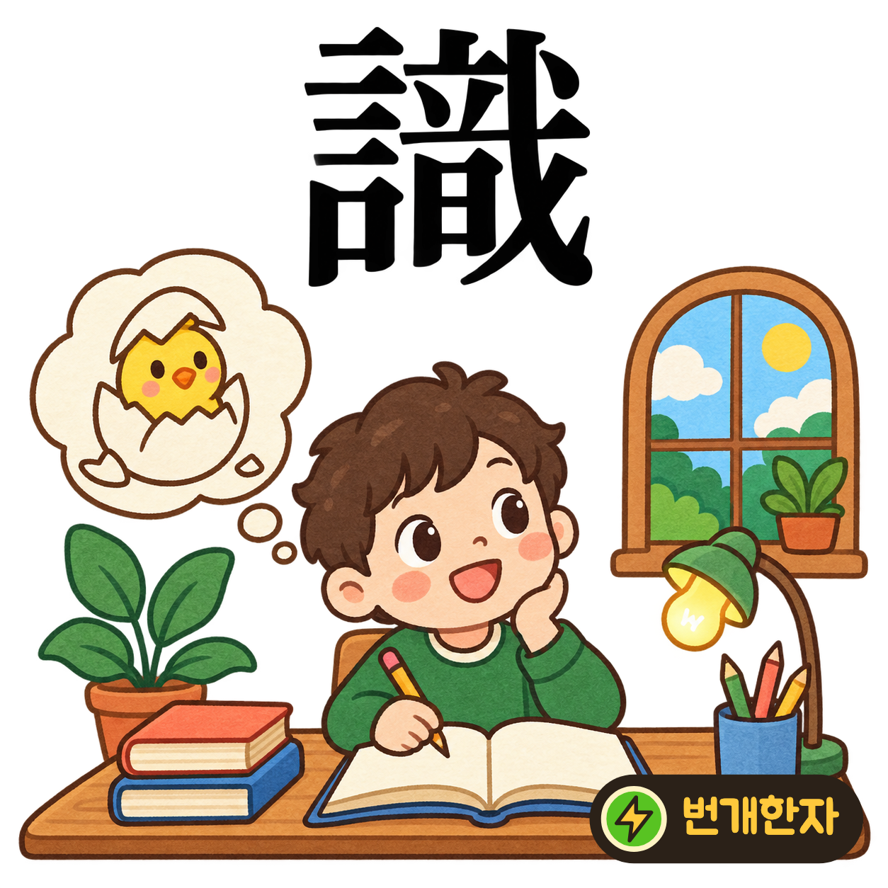 識: 말씀 言 옆에 소리 音과 창 戈가 보여요. 들은 말을 또렷이 구별해 아는 모습을 상상해요. (기억 그림)