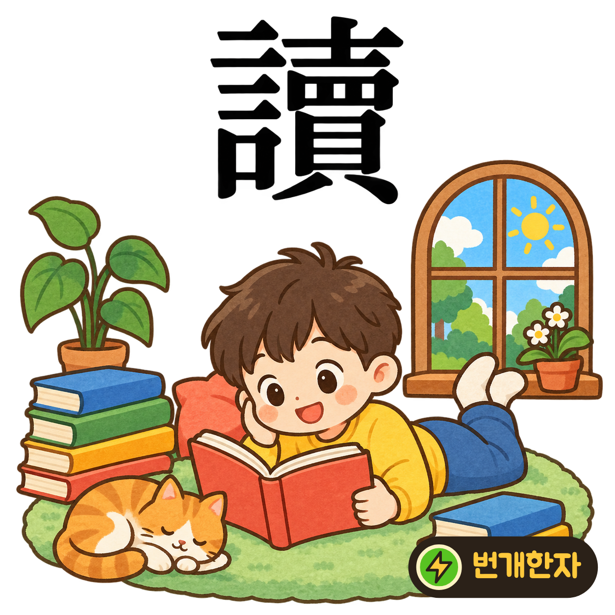 讀: 말씀 言 옆에 팔 賣가 있어요. 가게의 안내문을 소리 내어 읽는 모습을 상상해요. (기억 그림)