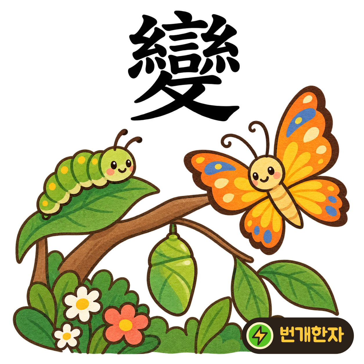 變: 말씀 言과 실 糸들이 모인 아래에 攵이 있어요. 실의 모양을 바꾸며 어떻게 변했는지 말해요. (기억 그림)