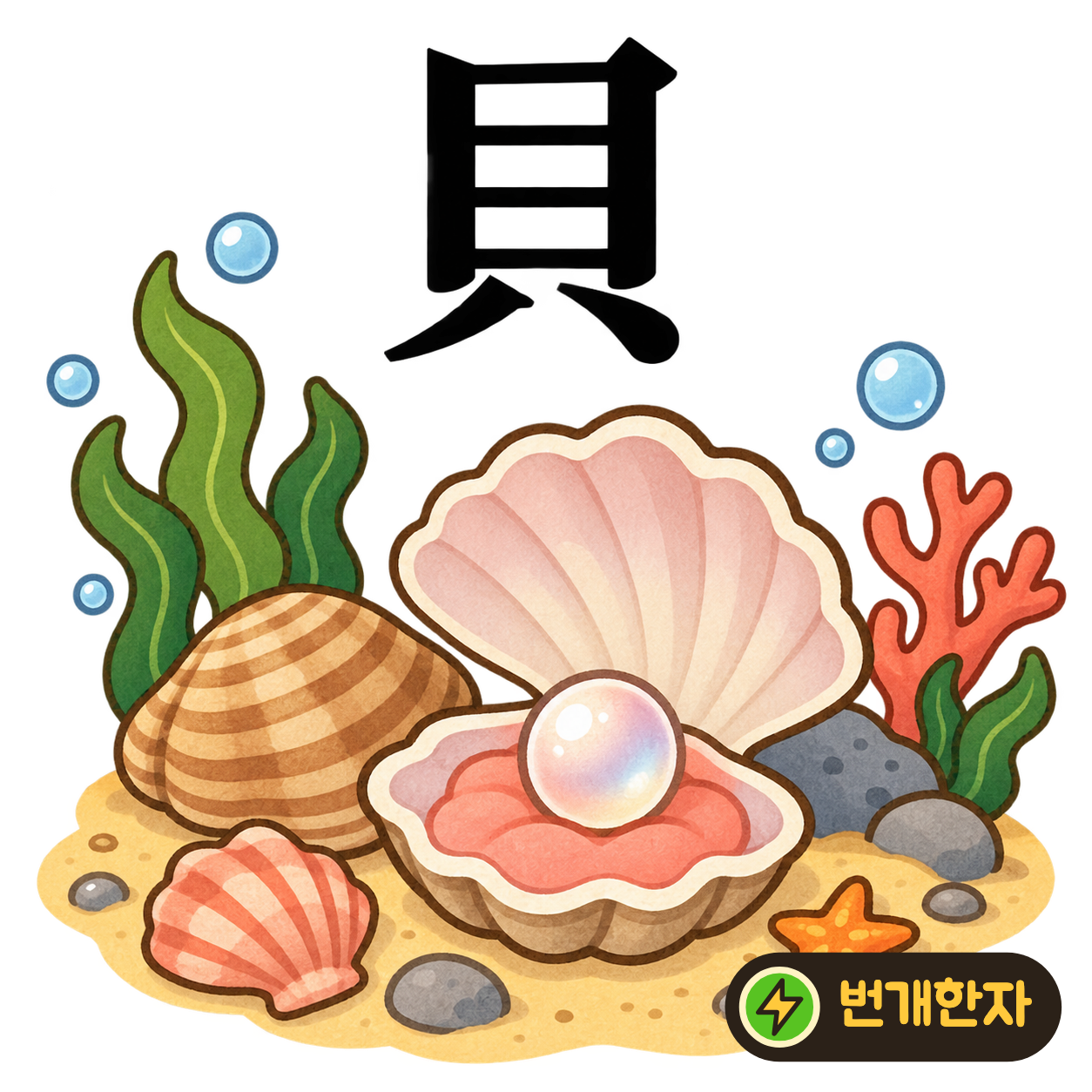 貝: 눈 目 같은 껍데기 아래에 작은 획 두 개가 있어요. 단단한 껍데기가 있는 조개를 떠올려요. (기억 그림)