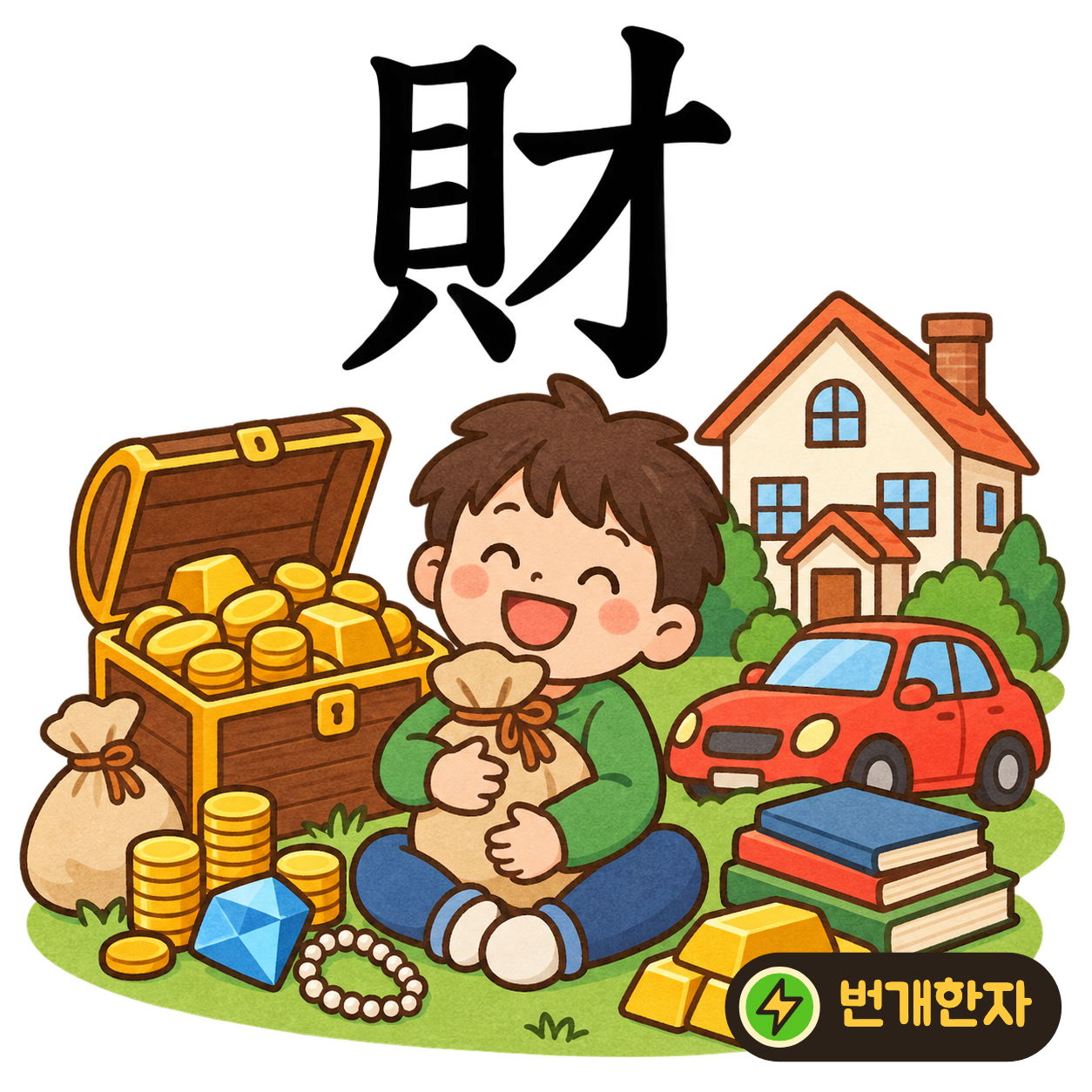 財: 조개 貝 옆에 재주 才가 있어요. 재주를 써서 번 재물을 소중히 모아요. (기억 그림)