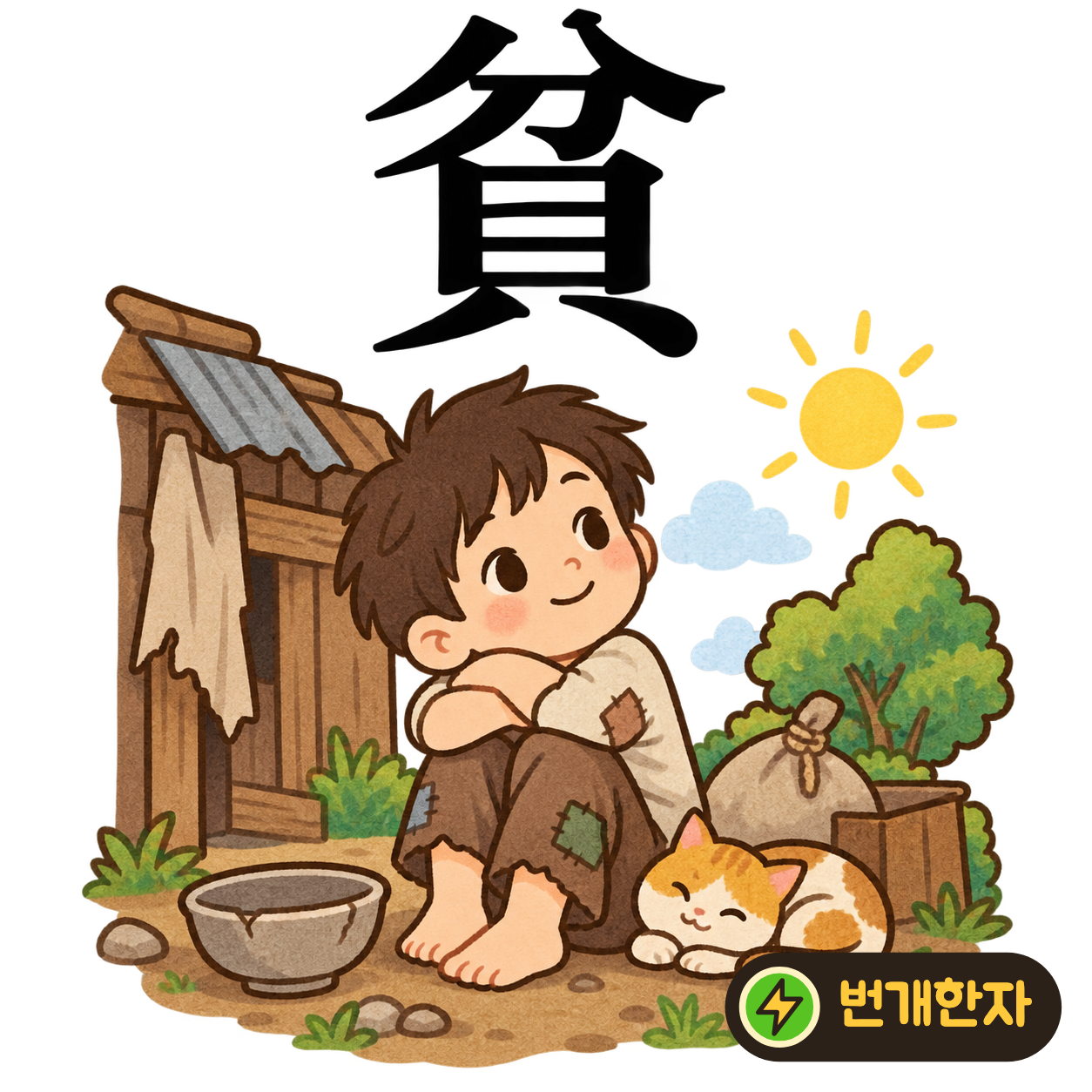 貧: 나눌 分 아래에 조개 貝가 있어요. 가진 돈이 잘게 나뉘어 적어진 모습을 보며 가난함을 기억해요. (기억 그림)