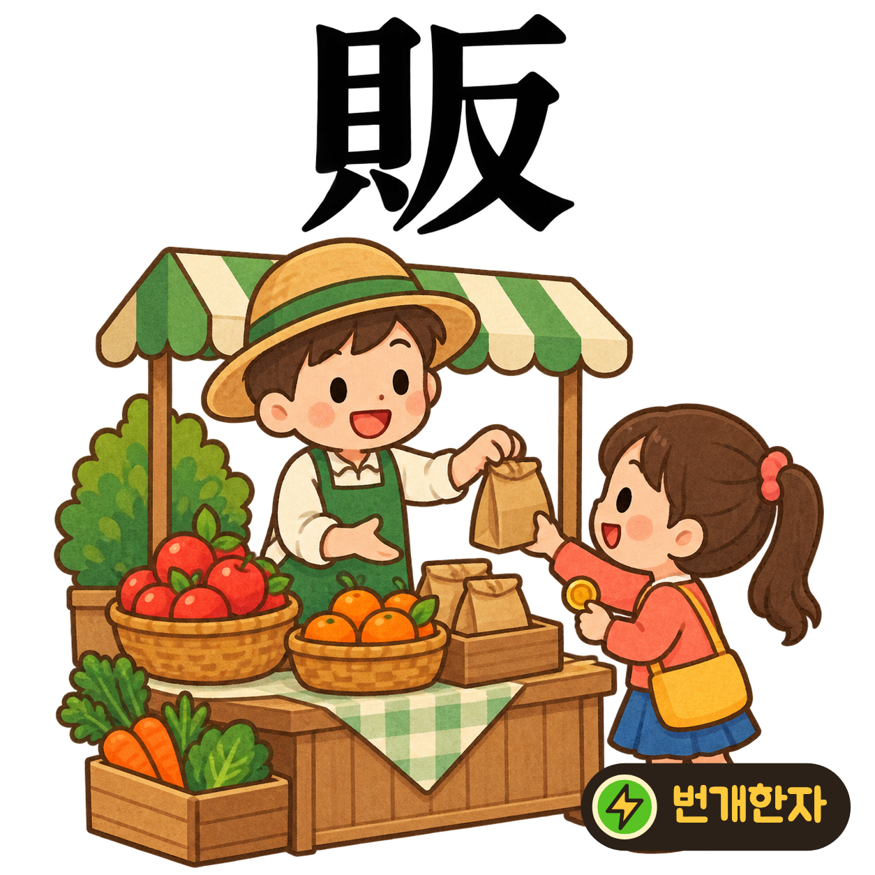 販: 조개 貝 옆에 뒤집을 反이 있어요. 물건이 건네지고 반대로 돈이 돌아오는 판매 장면이에요. (기억 그림)