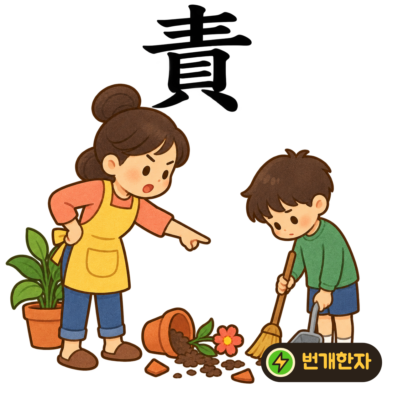 責: 윗부분 아래에 조개 貝가 있어요. 맡겨 둔 돈을 잃지 않게 책임을 지는 모습을 상상해요. (기억 그림)