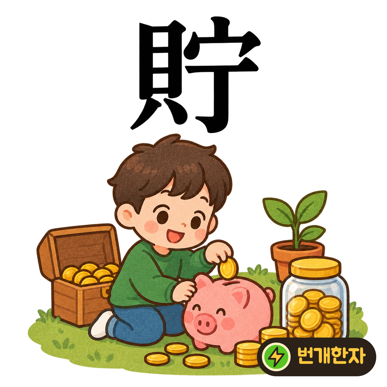 貯: 조개 貝 옆에 지붕 宀과 丁이 있어요. 돈을 집 안의 정해진 자리에 저장해요. (기억 그림)
