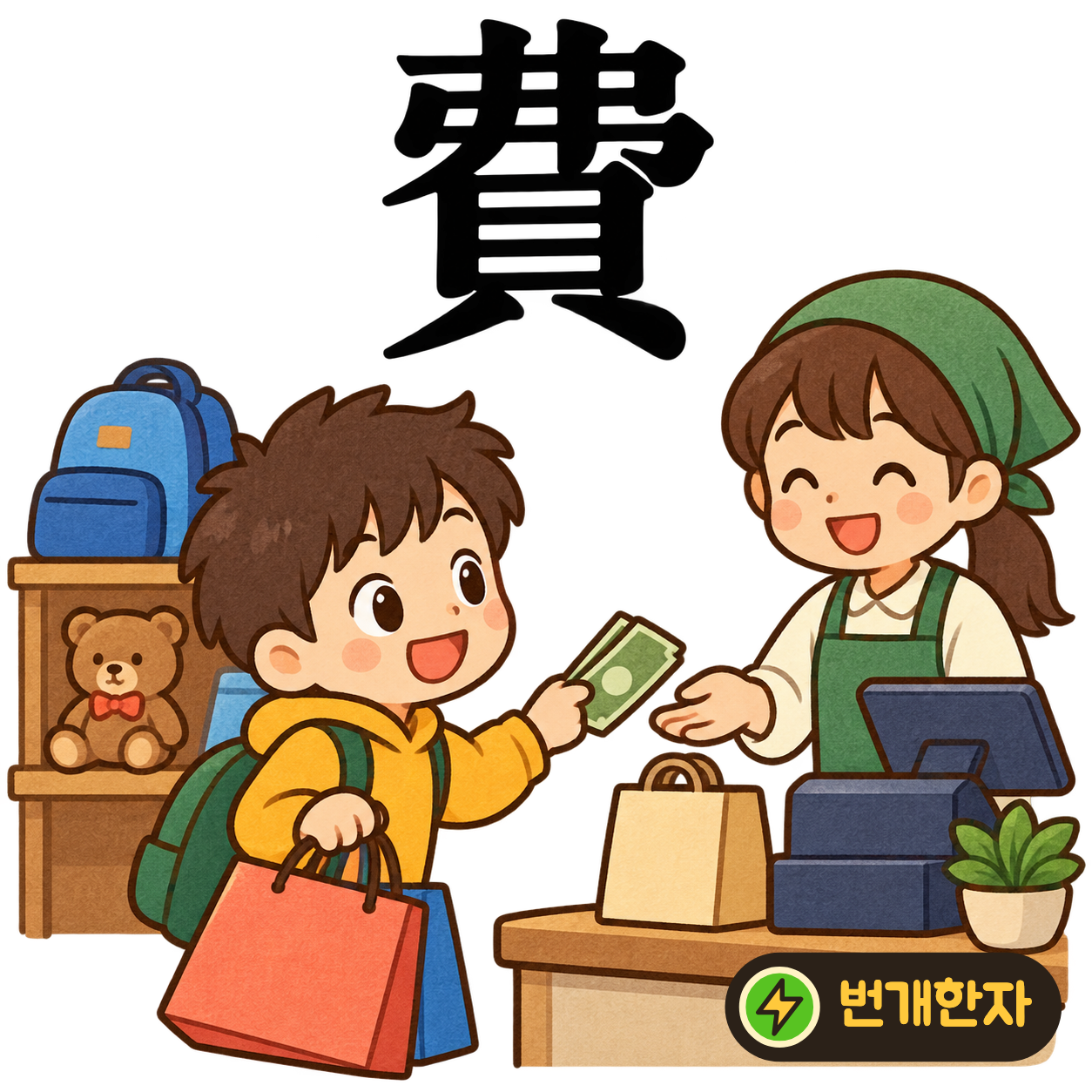 費: 윗부분 弗 아래에 조개 貝가 있어요. 필요한 물건에 돈을 쓰는 모습을 떠올려요. (기억 그림)