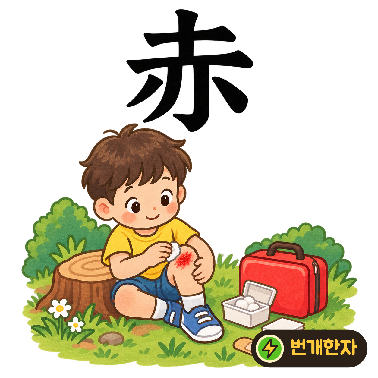 赤: 흙 土 모양 아래에 불꽃 같은 획들이 있어요. 흙을 달구어 붉게 빛나는 모습을 상상해요. (기억 그림)
