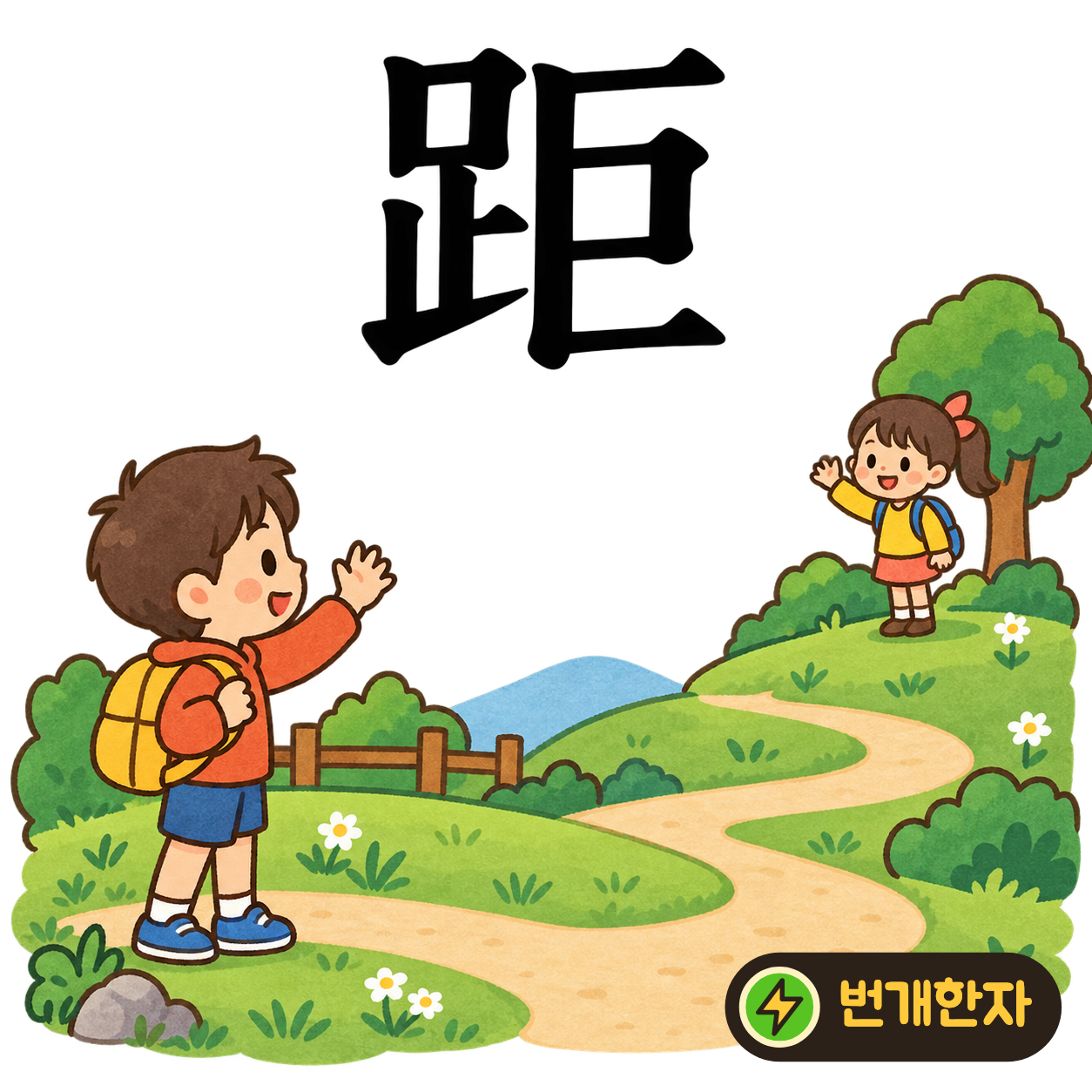 距: 발 足의 옆모양 옆에 클 巨가 있어요. 큰 발걸음으로 두 곳 사이 거리를 재어요. (기억 그림)