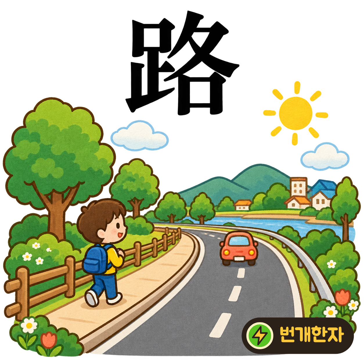 路: 발 足의 옆모양 옆에 각각 各이 있어요. 사람들이 각자 갈 길로 걸어가는 모습이에요. (기억 그림)