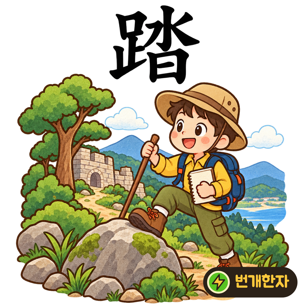 踏: 발 足의 옆모양 옆에 물 水와 해 日이 있어요. 햇빛에 반짝이는 물웅덩이를 발로 밟는 모습을 상상해요. (기억 그림)