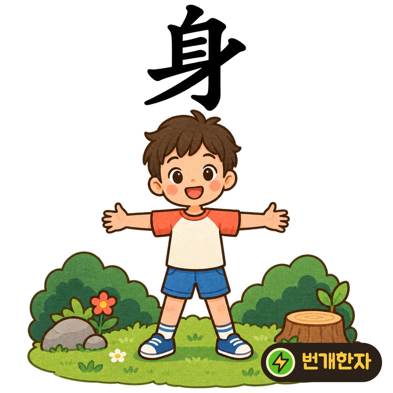 身: 길쭉한 몸통 같은 모양에 비스듬한 획이 지나가요. 옆으로 선 사람의 몸을 떠올려요. (기억 그림)