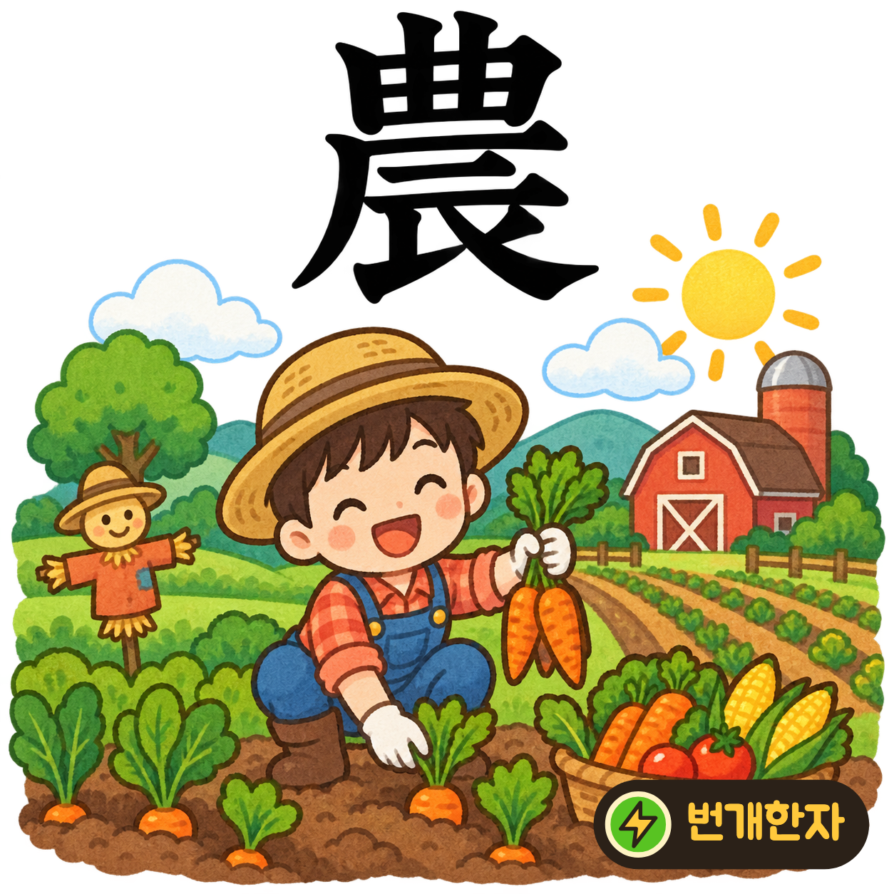 農: 윗부분 曲 아래에 辰이 있어요. 여러 줄로 나뉜 밭에서 농사짓는 모습을 상상해요. (기억 그림)