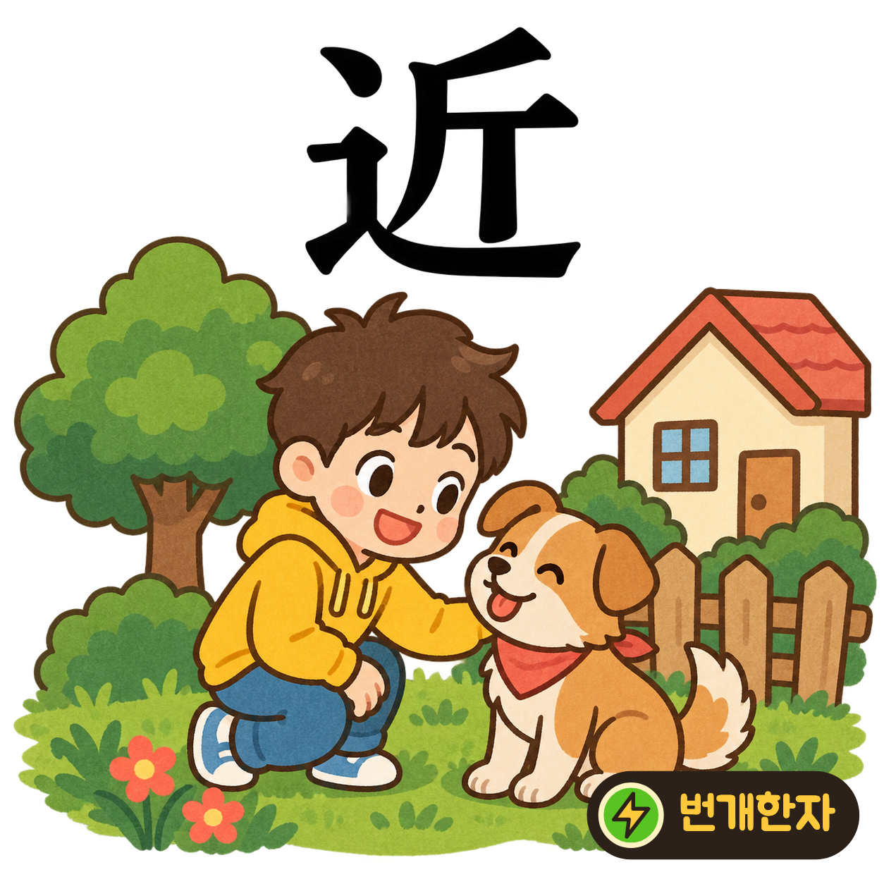 近: 길 모양 辶 안에 도끼 斤이 있어요. 가까운 작업장까지 도끼를 들고 걸어가는 장면이에요. (기억 그림)