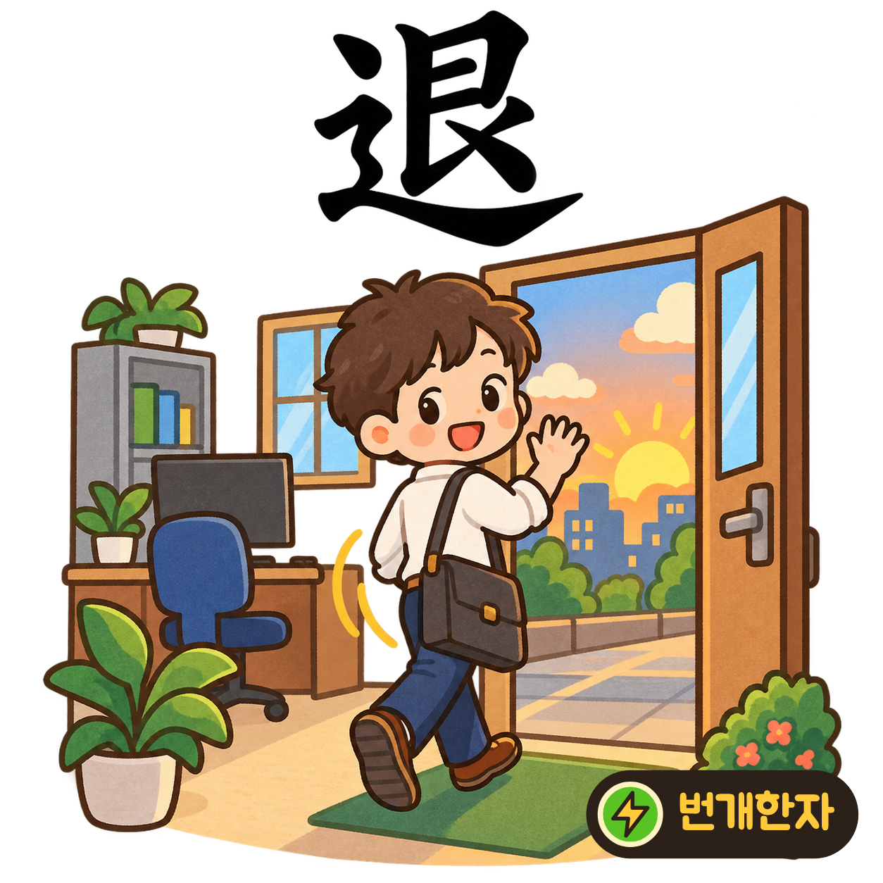 退: 길 모양 辶 안에 艮이 있어요. 가던 길에서 한 걸음 뒤로 물러나는 모습을 상상해요. (기억 그림)