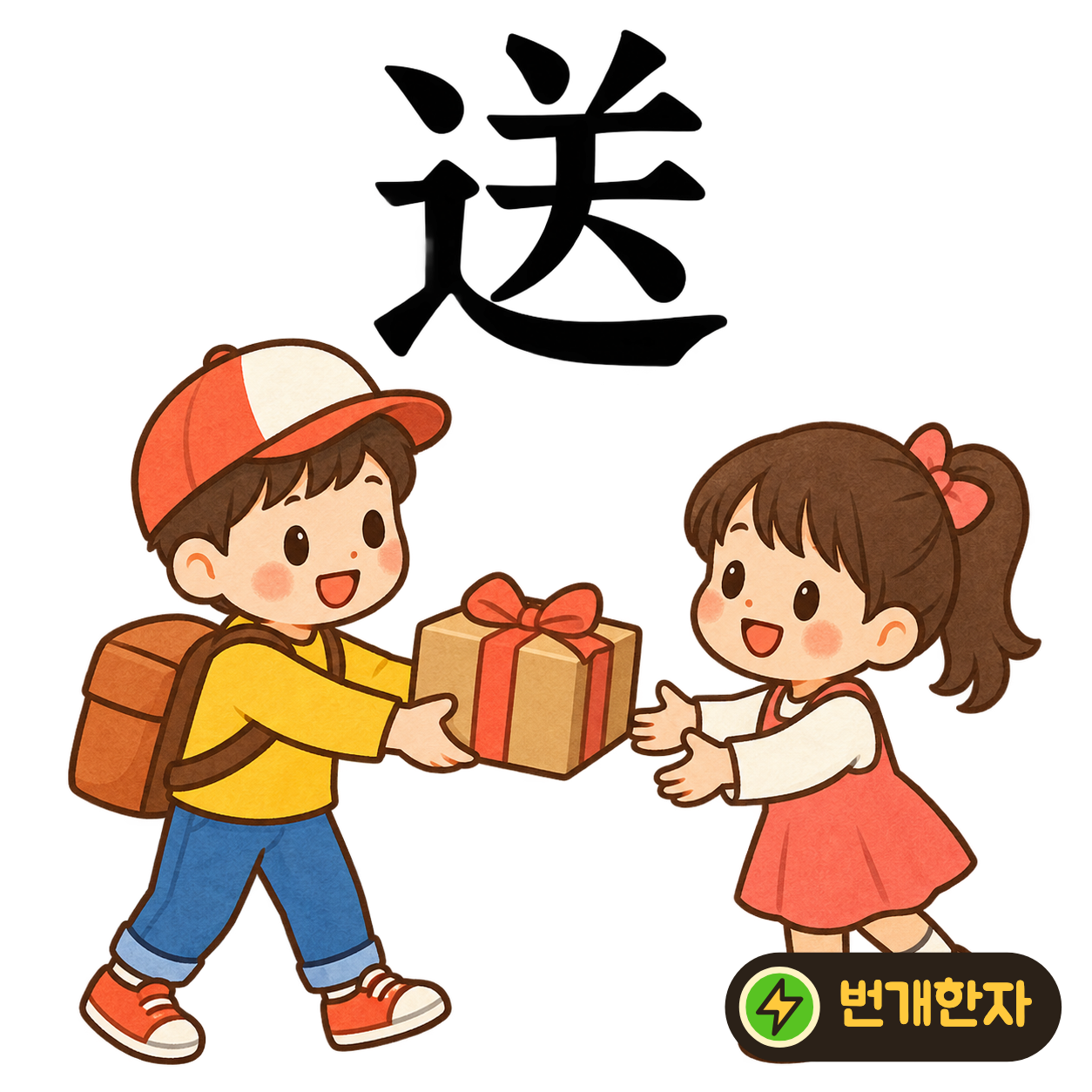 送: 길 모양 辶 안에 关이 있어요. 두 팔을 벌려 길 떠나는 사람을 보내 주는 모습을 상상해요. (기억 그림)