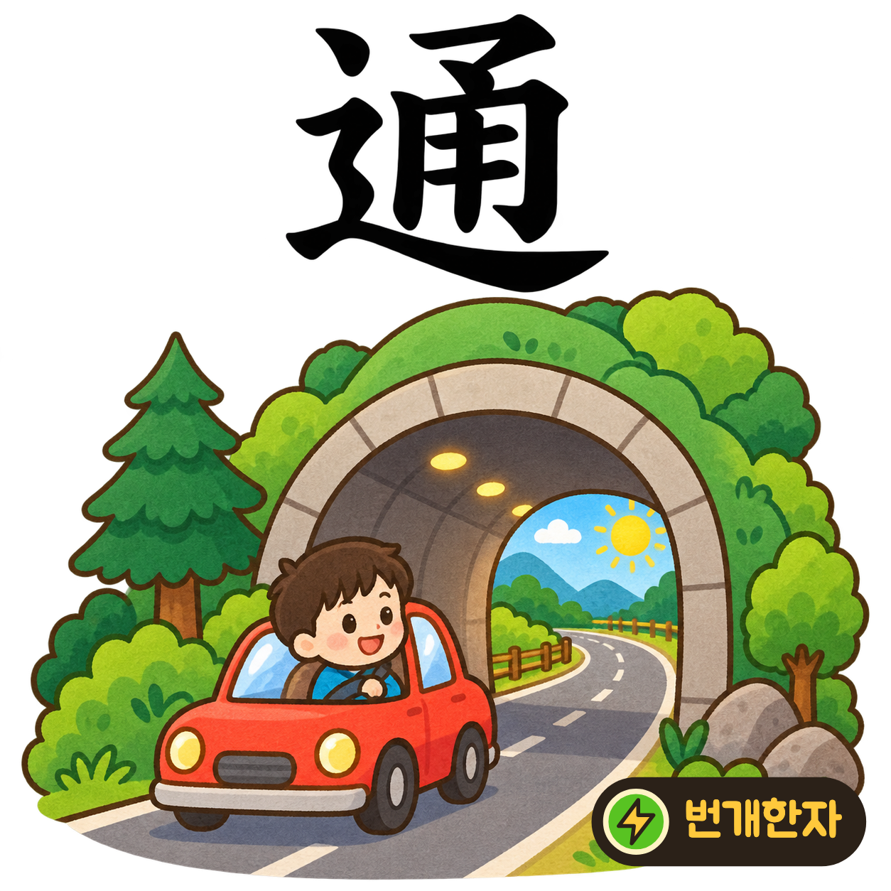 通: 길 모양 辶 안에 甬이 있어요. 길과 물건을 담은 통이 막힘없이 이어진 모습을 상상해요. (기억 그림)