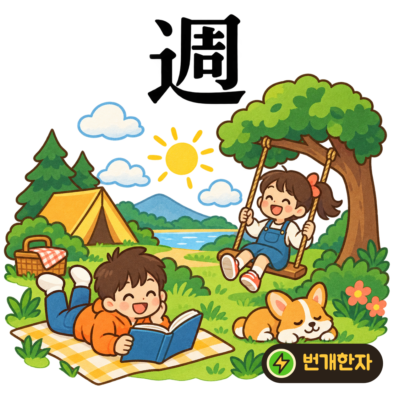 週: 길 모양 辶 안에 두루 周가 있어요. 달력의 일곱 날을 두루 돌아 한 주가 되는 모습을 상상해요. (기억 그림)