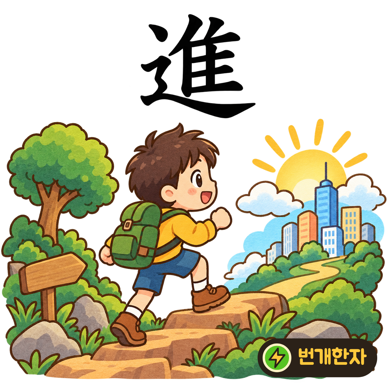 進: 길 모양 辶 안에 새 隹가 있어요. 새가 길을 따라 앞으로 나아가는 모습을 떠올려요. (기억 그림)
