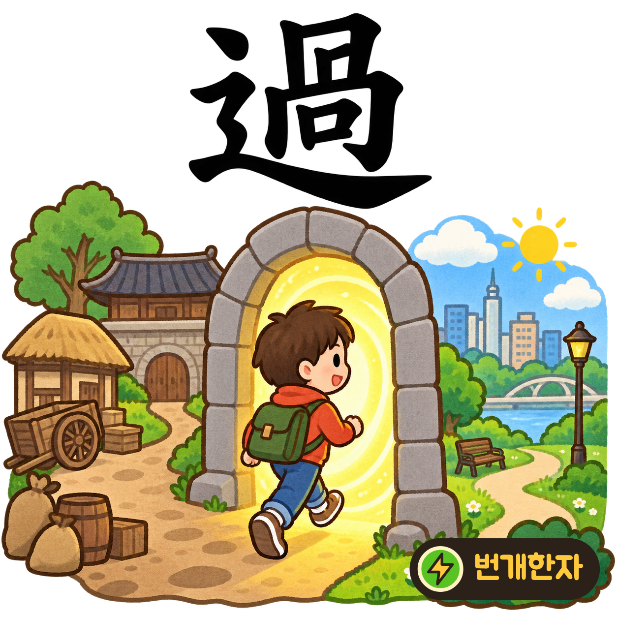 過: 길 모양 辶 안에 咼가 있어요. 굽은 모퉁이를 지나 계속 걸어가는 모습을 떠올려요. (기억 그림)