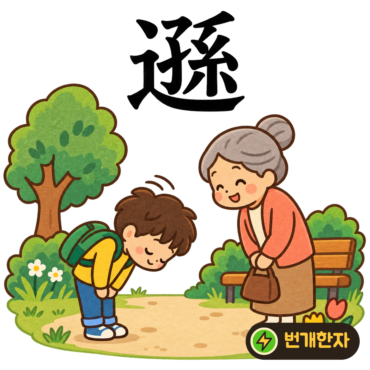 遜: 길 모양 辶 안에 손자 孫이 있어요. 손자가 길을 양보하며 겸손하게 인사하는 장면이에요. (기억 그림)
