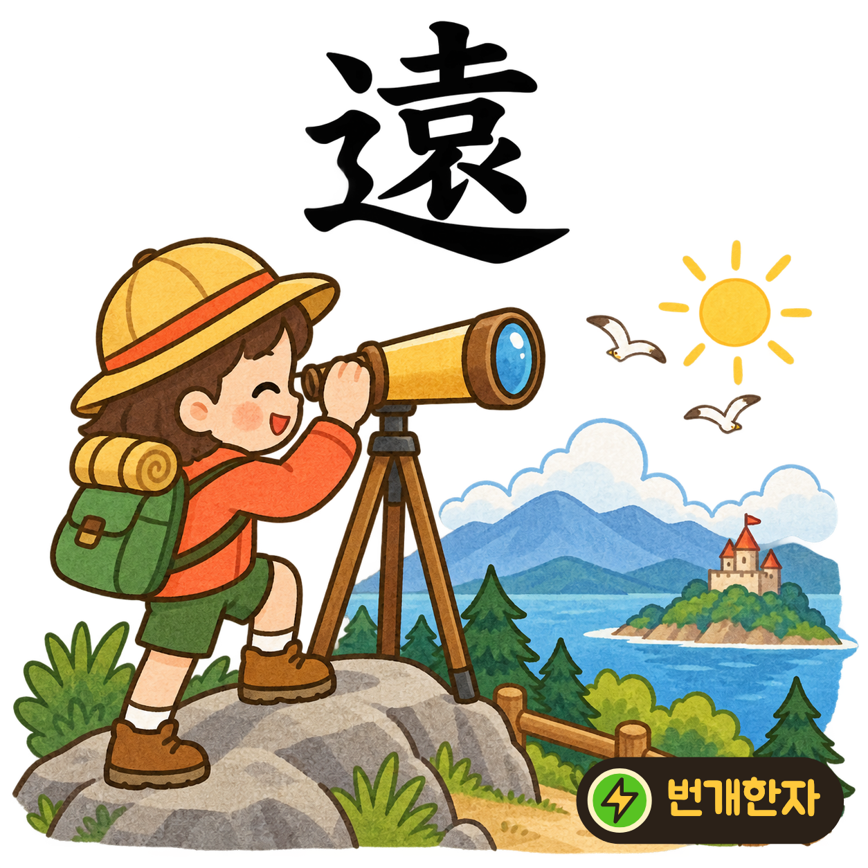 遠: 길 모양 辶 안에 袁이 있어요. 긴 옷자락을 여미고 먼 길을 떠나는 모습을 상상해요. (기억 그림)