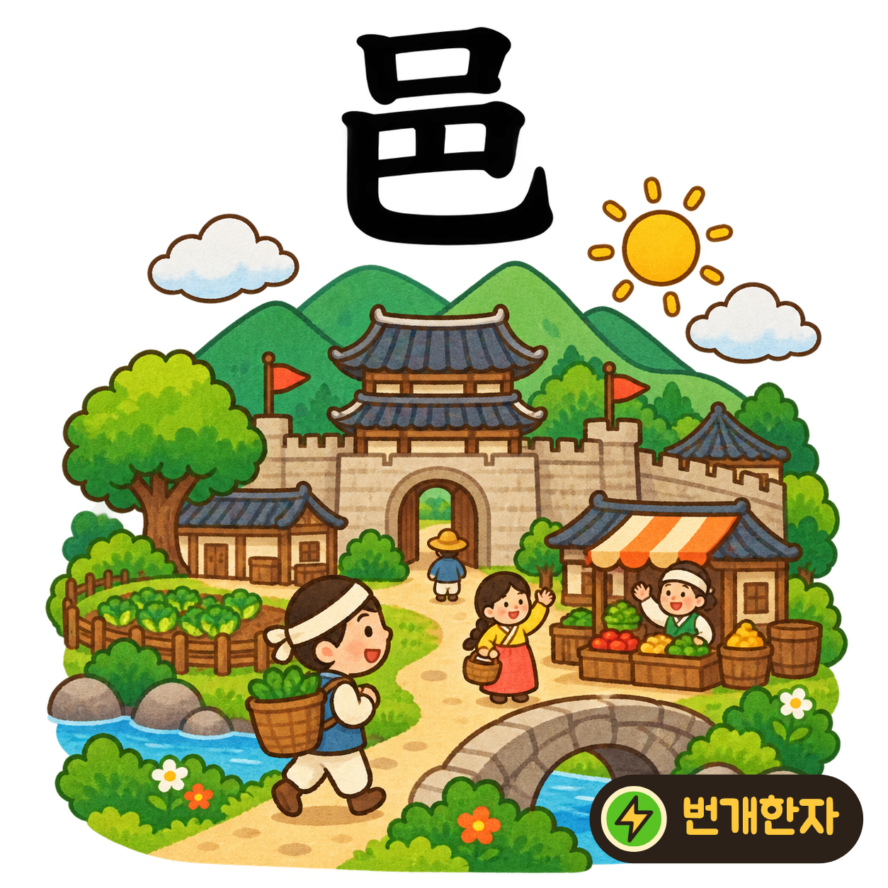 邑: 입 口 아래에 巴가 있어요. 마을의 입구에 사람들이 모인 고을을 상상해요. (기억 그림)
