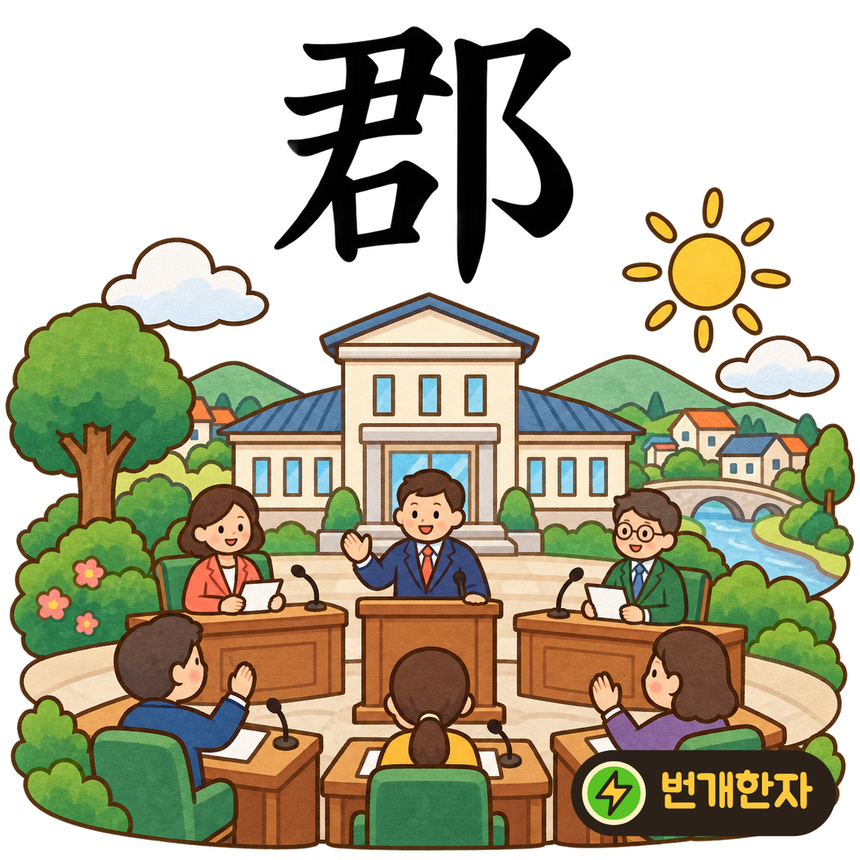 郡: 임금 君 옆에 오른쪽 고을 모양 阝이 있어요. 임금이 고을의 소식을 살피는 모습을 떠올려요. (기억 그림)