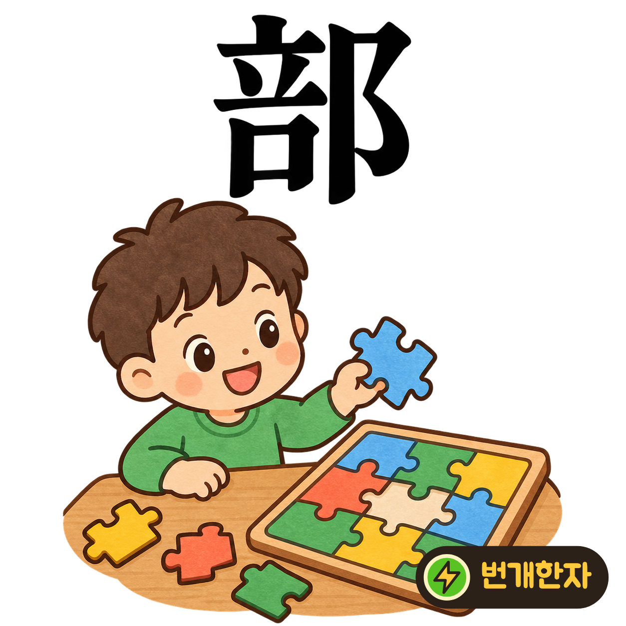 部: 왼쪽의 立과 口 옆에 고을 모양 阝이 있어요. 마을 사람들이 한 떼씩 모여 이야기해요. (기억 그림)