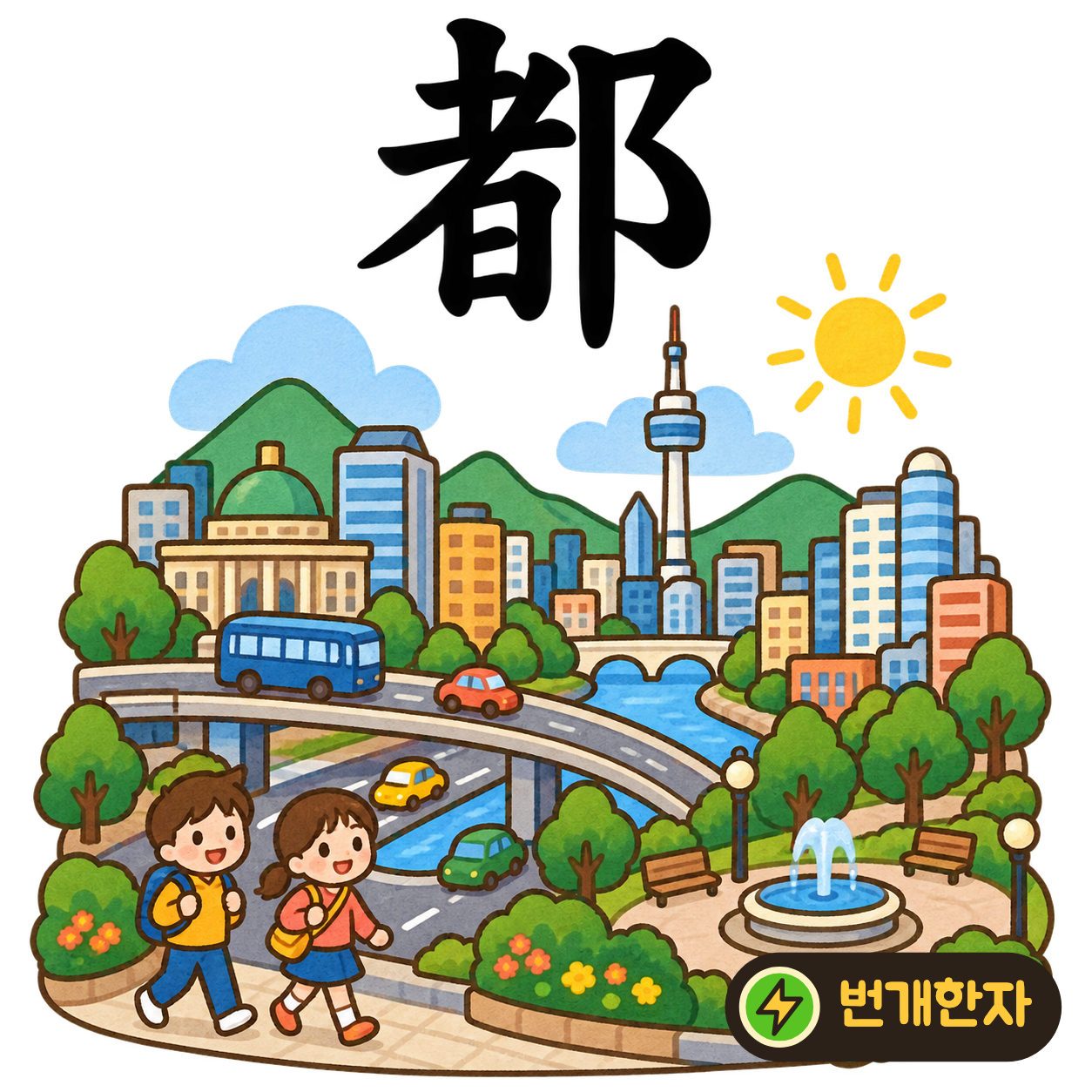都: 사람 者 옆에 고을 모양 阝이 있어요. 많은 사람이 모여 사는 큰 도읍을 상상해요. (기억 그림)