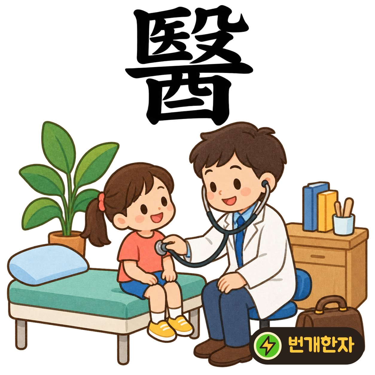 醫: 윗부분 아래에 술병을 닮은 酉가 있어요. 약병과 치료 도구를 챙긴 의원을 떠올려요. (기억 그림)