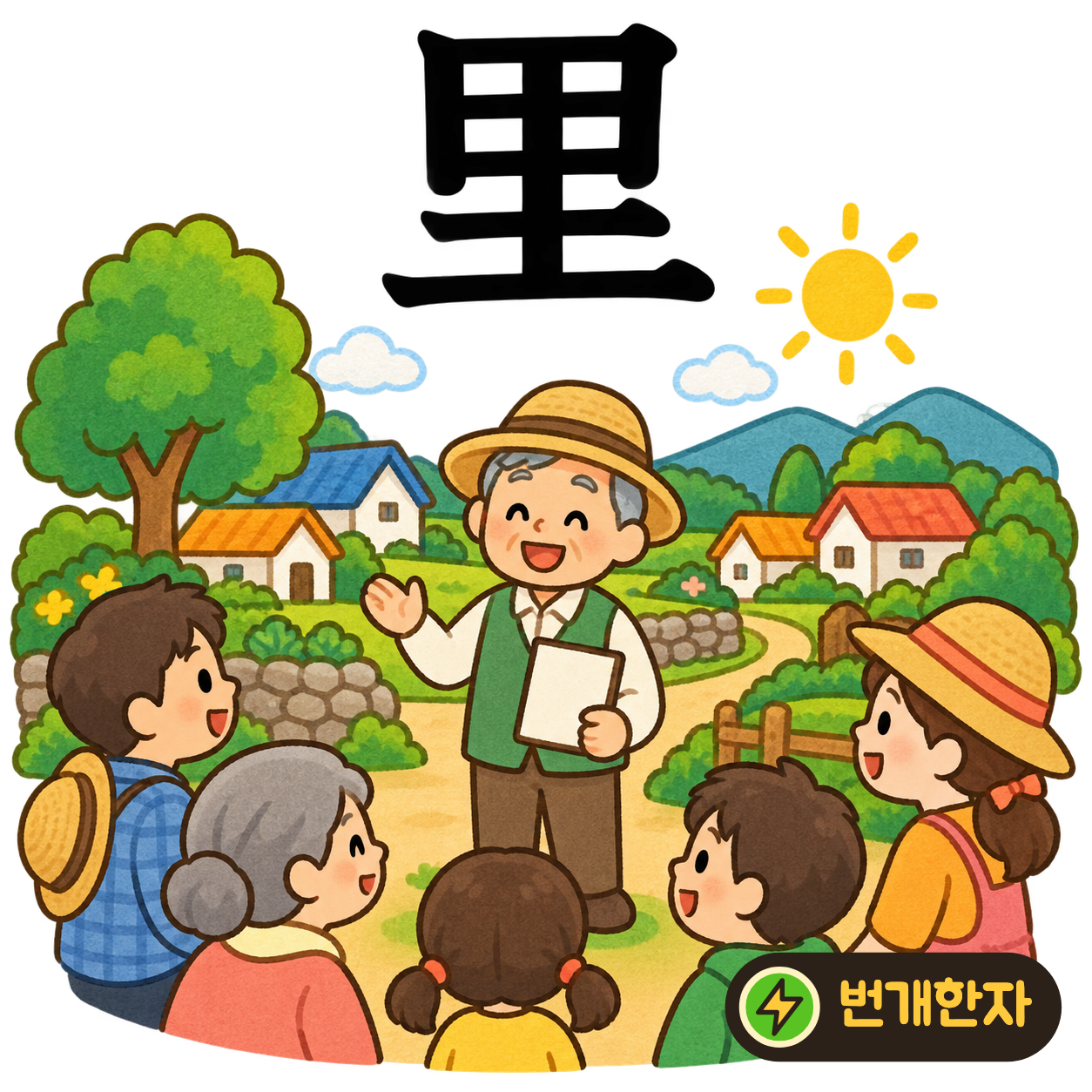 里: 밭 田 아래에 흙 土가 이어져 있어요. 밭과 땅을 둘러싸고 집들이 모인 마을이에요. (기억 그림)