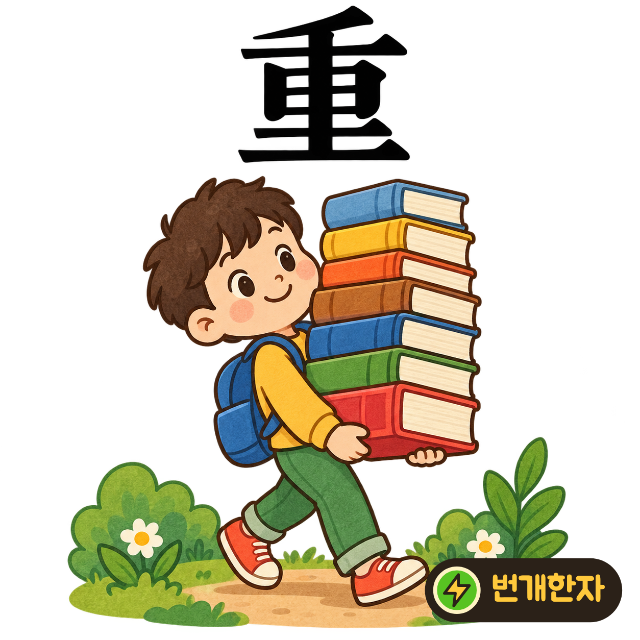 重: 마을 里를 닮은 모양 위에 획들이 더 얹혀 있어요. 받침 위로 짐이 쌓여 무거워지는 모습을 상상해요. (기억 그림)