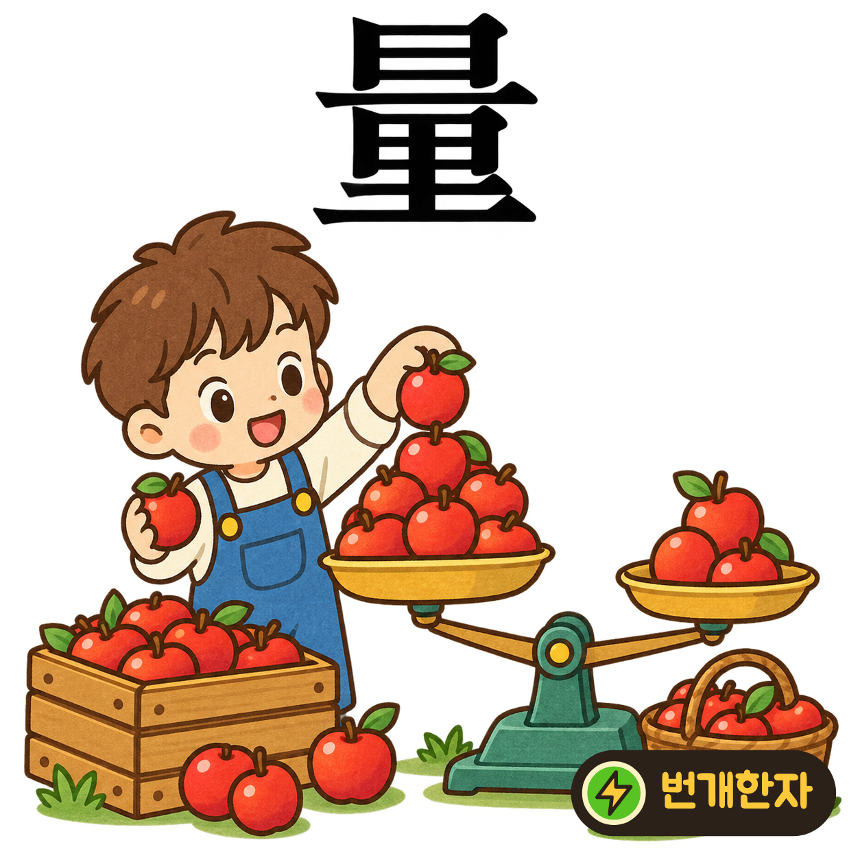 量: 해 日과 一 아래에 마을 里 모양이 있어요. 아래위에 쌓인 물건이 얼마나 되는지 헤아려요. (기억 그림)