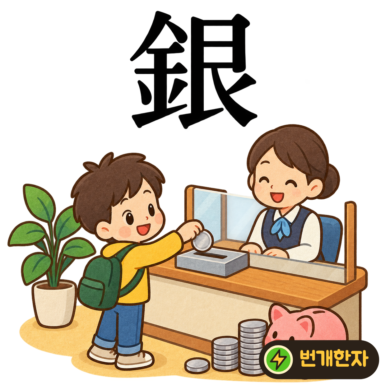 銀: 쇠 金 옆에 艮이 있어요. 반듯하게 놓인 은 덩어리가 하얗게 빛난다고 상상해요. (기억 그림)
