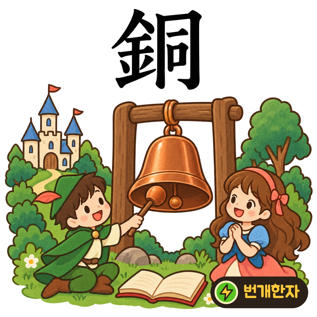 銅: 쇠 金 옆에 같을 同이 있어요. 같은 구리로 만든 동전들이 나란히 놓여 있어요. (기억 그림)