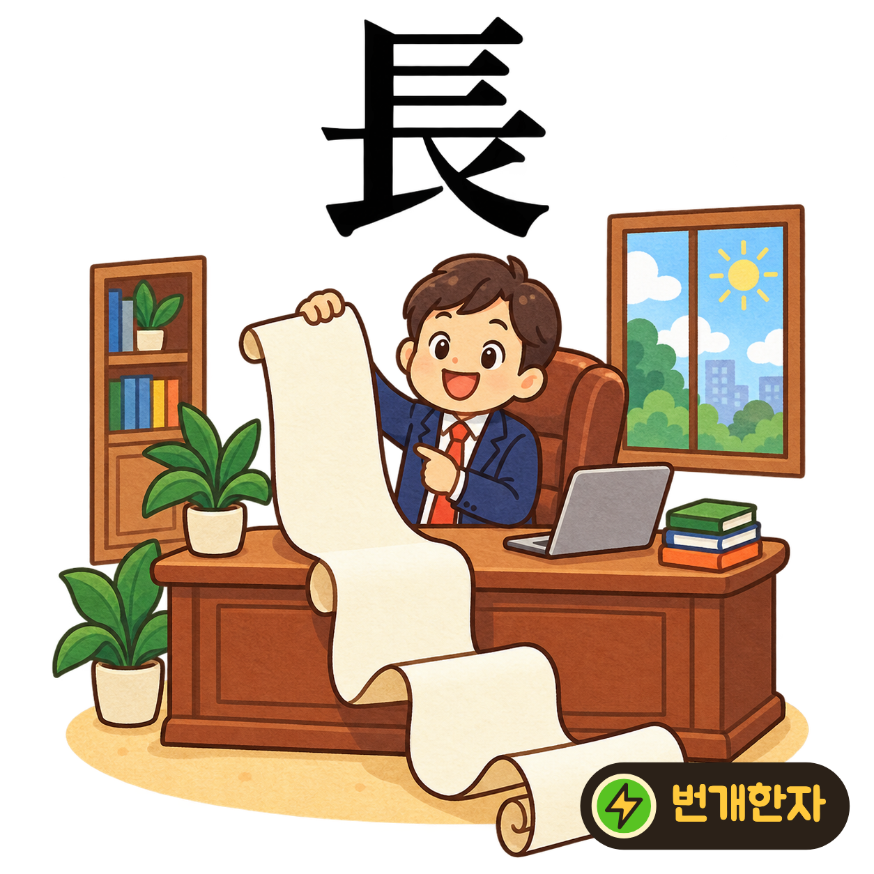 長: 위의 가로획들 아래로 긴 획이 뻗어요. 길게 늘어진 머리카락이나 옷자락을 떠올려요. (기억 그림)
