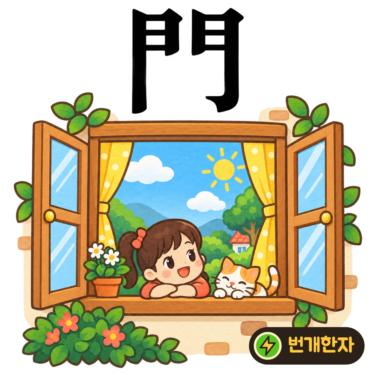 門: 양쪽에 비슷한 모양이 마주 서 있어요. 두 짝으로 된 커다란 문을 떠올려요. (기억 그림)