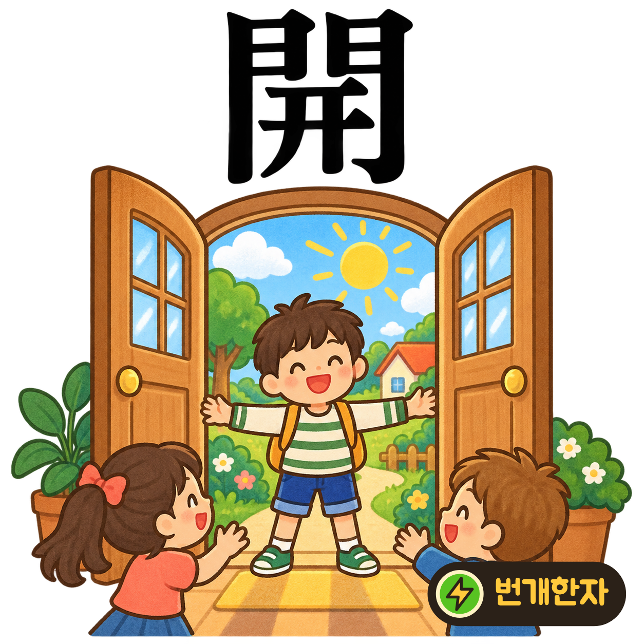開: 문 門 안에 두 손 같은 开이 있어요. 두 손으로 문짝을 활짝 여는 모습이에요. (기억 그림)