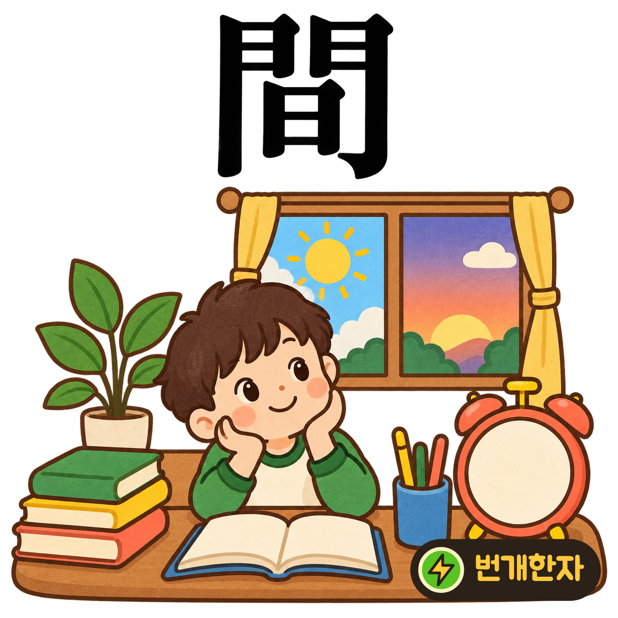 間: 문 門 안에 해 日이 있어요. 문짝 사이로 햇빛이 들어오는 장면을 떠올려요. (기억 그림)