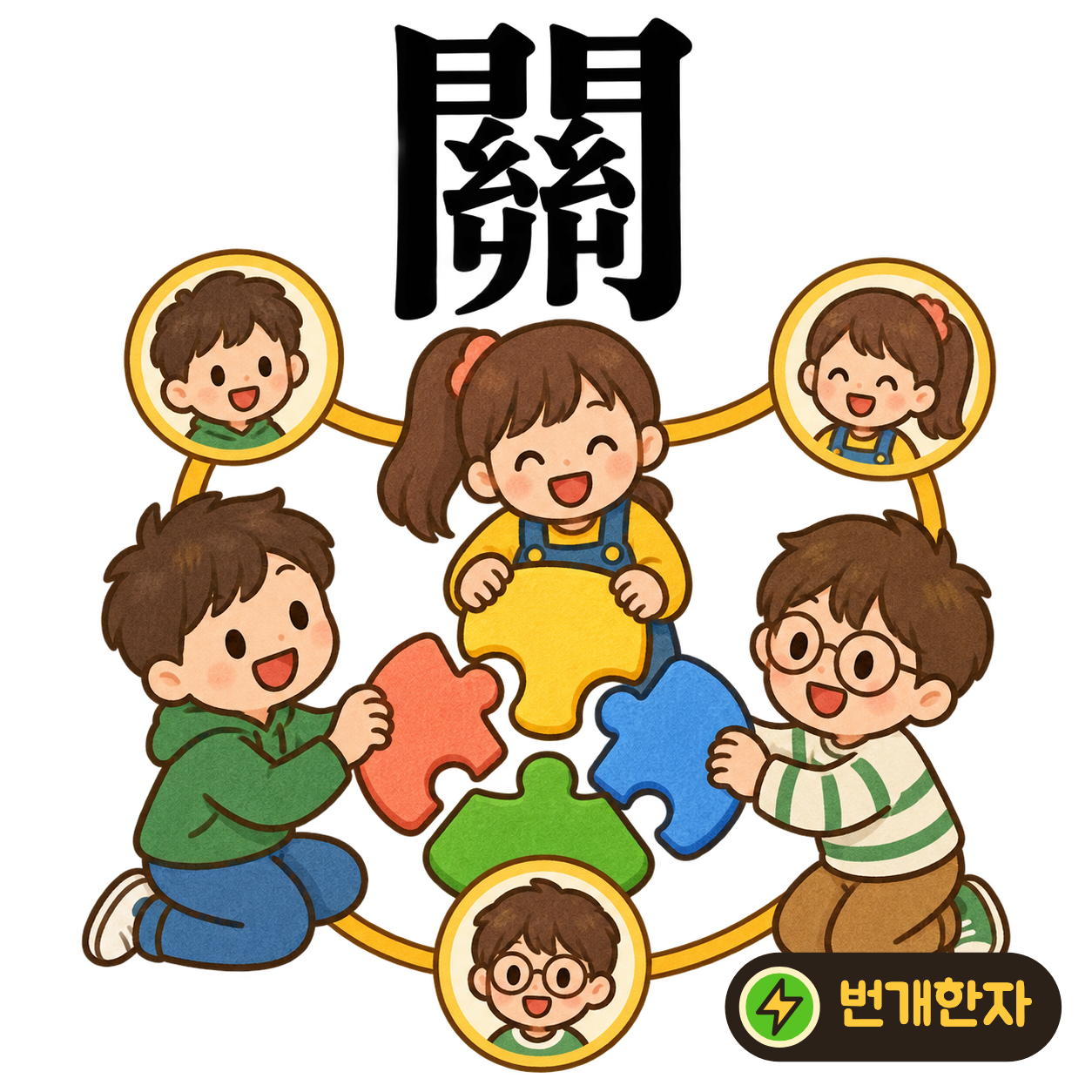 關: 문 門 안에 작은 실 같은 획들이 이어져 있어요. 문짝 둘을 연결해 서로 관계를 맺는 모습을 상상해요. (기억 그림)