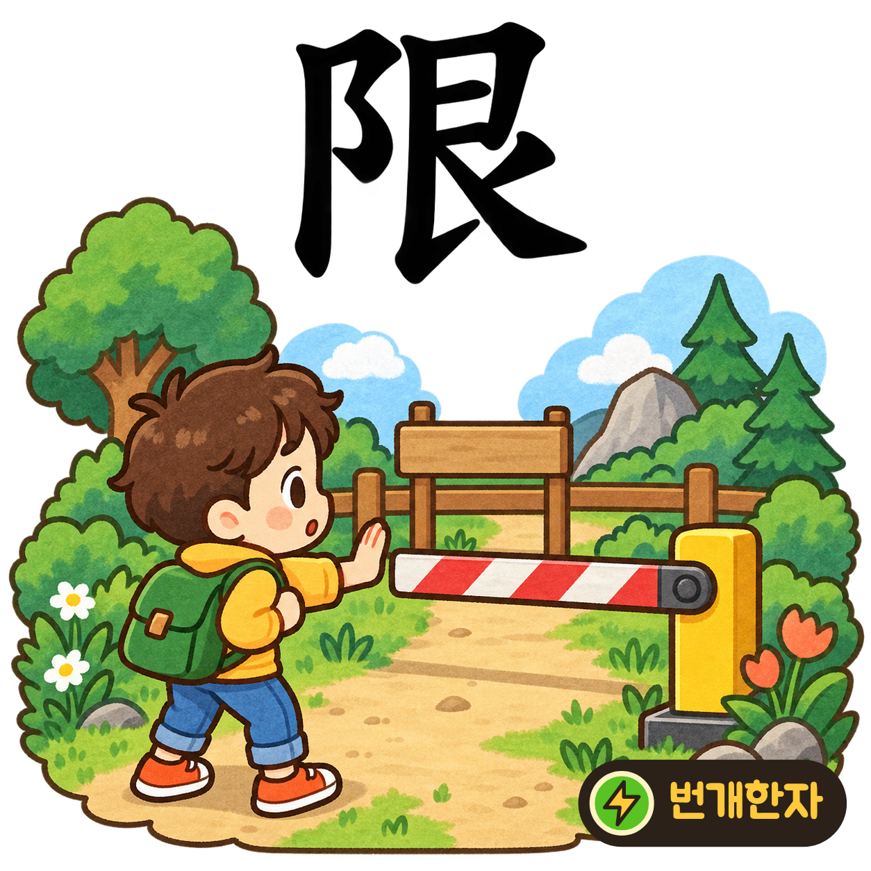 限: 왼쪽 언덕 모양 阝 옆에 艮이 있어요. 언덕 끝에 세운 표시까지로 길을 제한해요. (기억 그림)