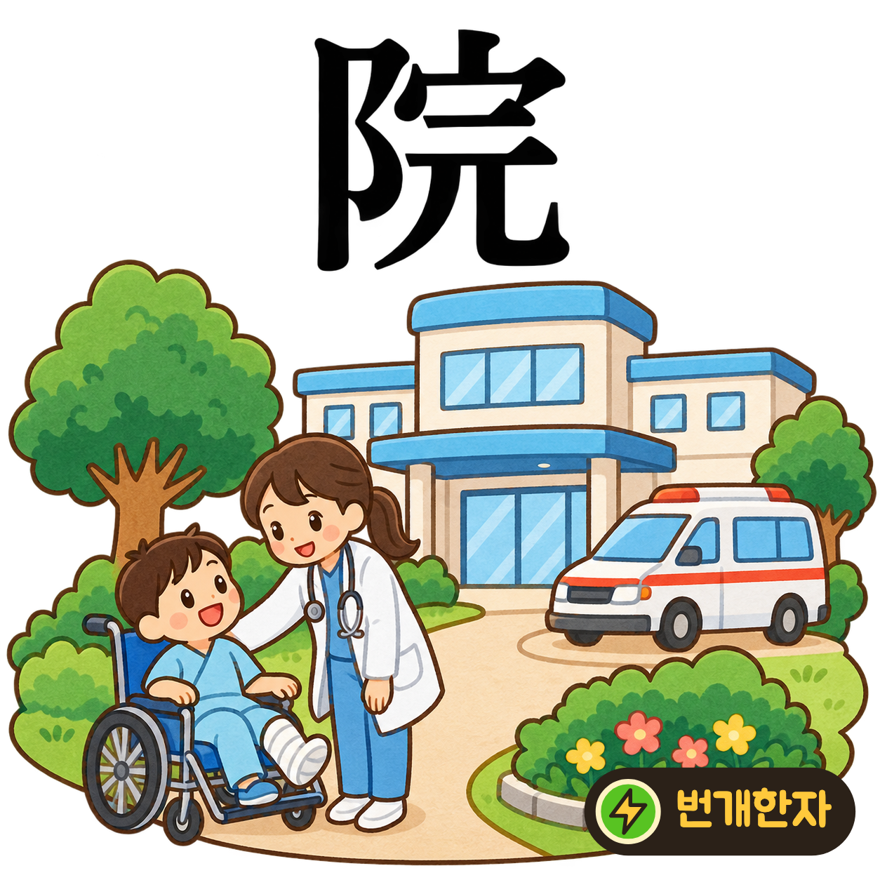 院: 왼쪽 언덕 모양 阝 옆에 완전할 完이 있어요. 언덕 곁에 완성된 큰 집을 떠올려요. (기억 그림)