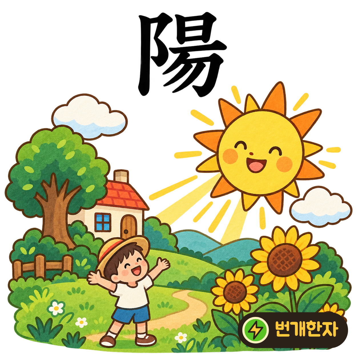 陽: 왼쪽 언덕 모양 阝 옆에 日과 비스듬한 획들이 있어요. 언덕 위로 햇볕이 비치는 모습을 떠올려요. (기억 그림)