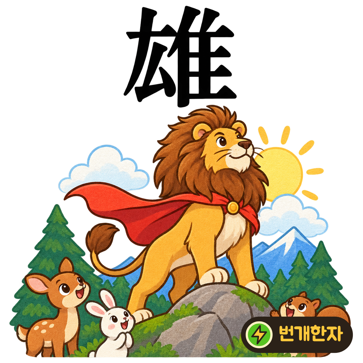 雄: 왼쪽 厷 옆에 새 隹가 있어요. 날개를 당당하게 편 수컷 새를 상상해요. (기억 그림)