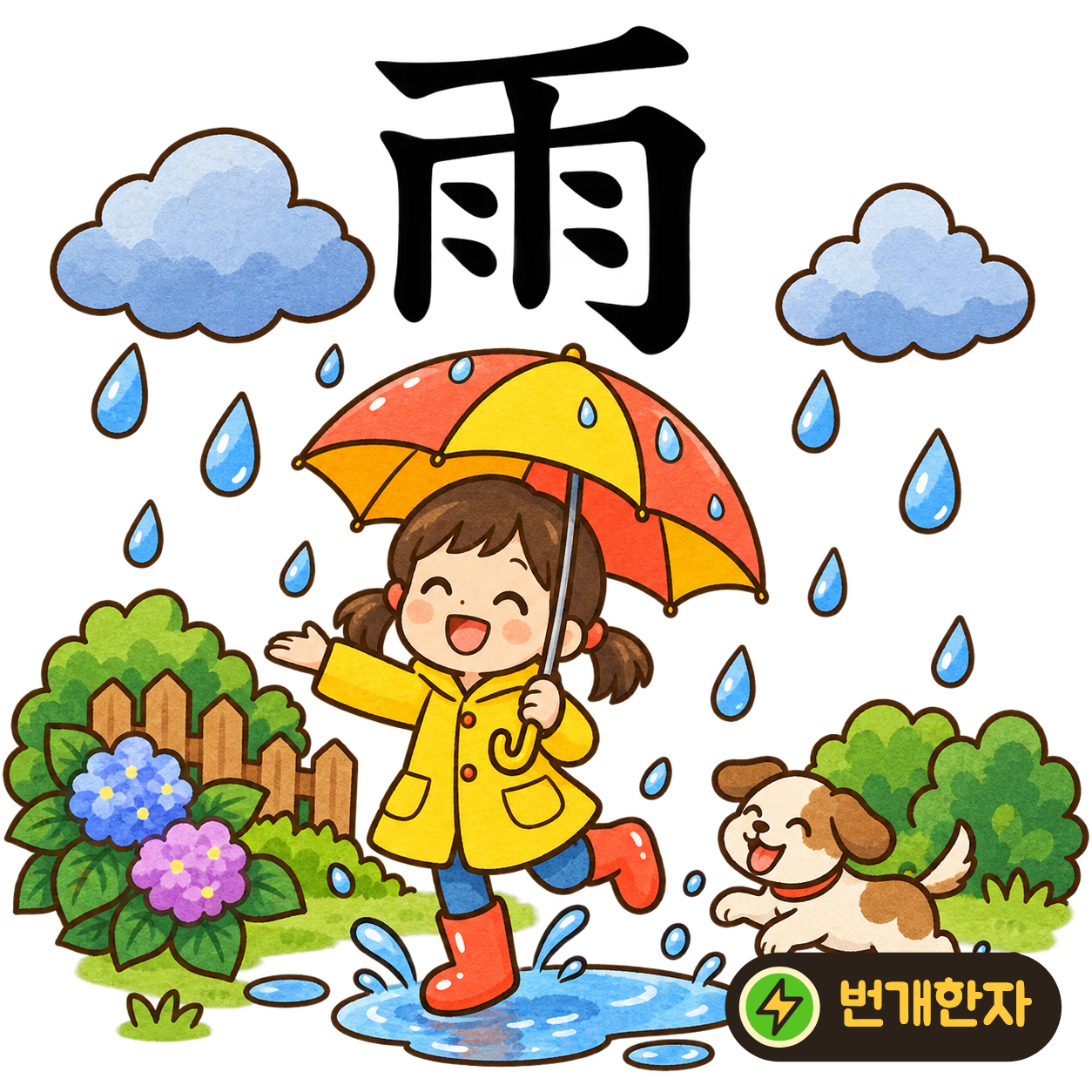 雨: 윗줄 아래 큰 테두리 안에 작은 점들이 있어요. 구름 아래로 빗방울이 떨어지는 모습이에요. (기억 그림)