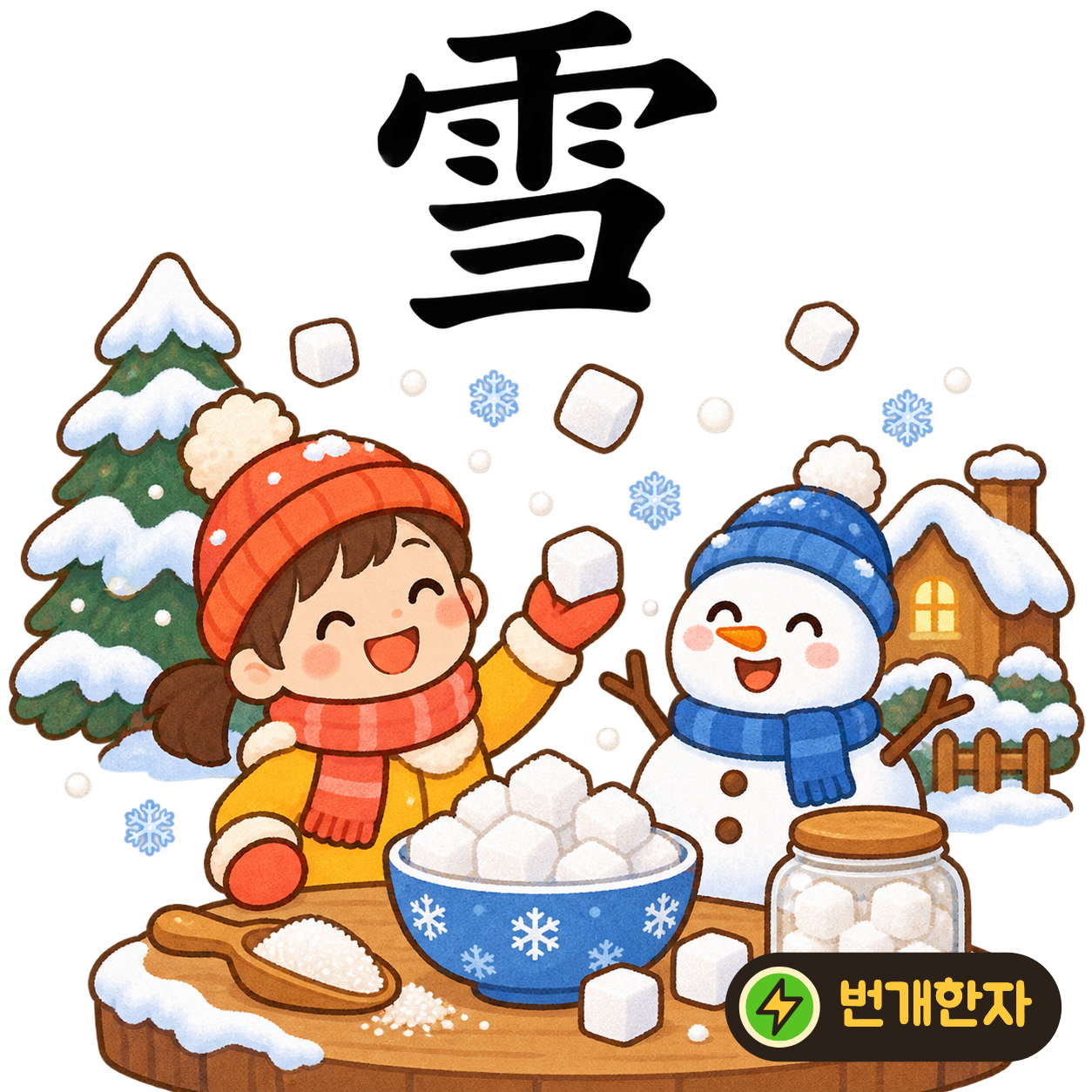 雪: 비 雨 아래에 彐가 있어요. 내린 눈을 빗자루로 가지런히 쓸어 모으는 장면을 상상해요. (기억 그림)