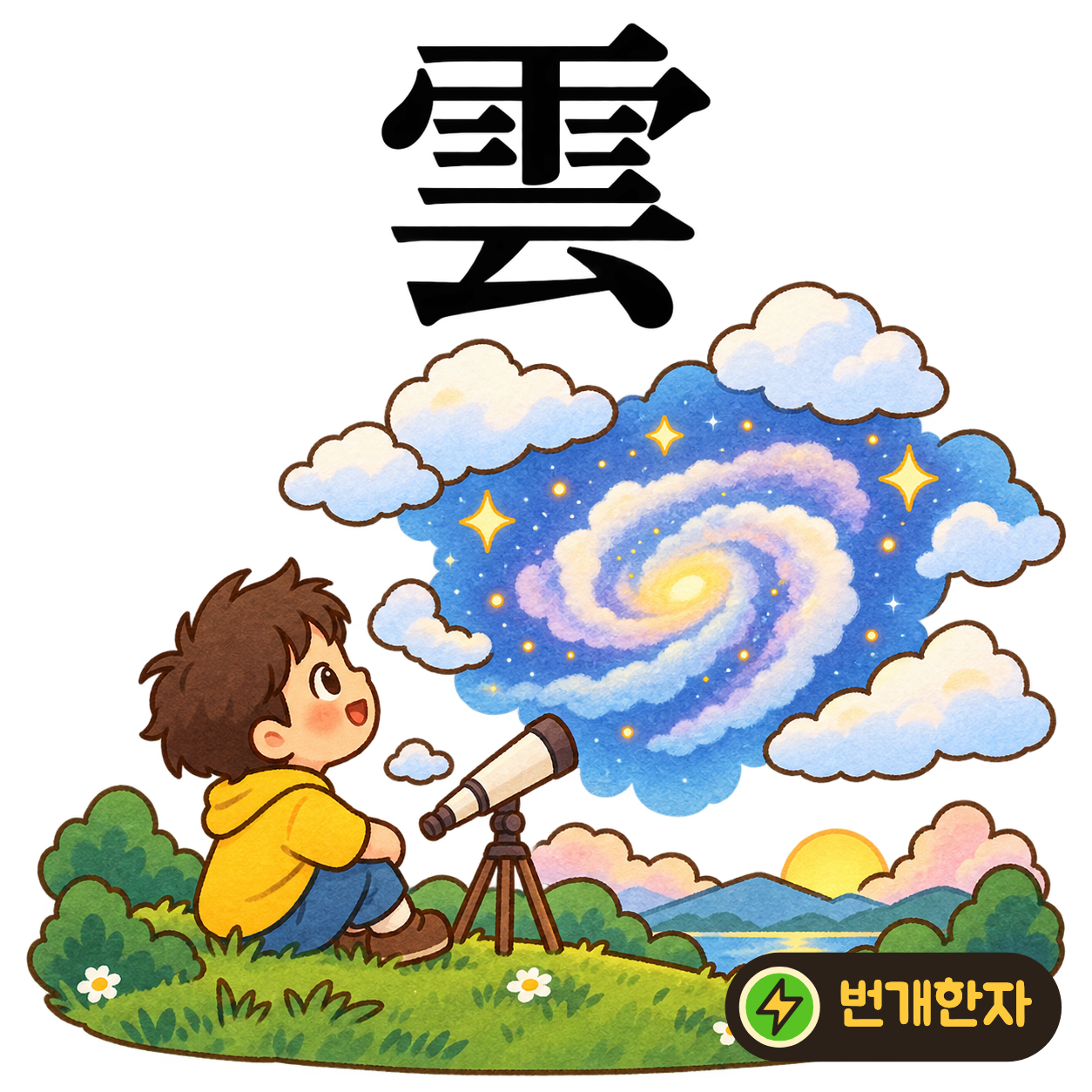 雲: 비 雨 아래에 이를 云이 있어요. 비를 품은 구름이 둥글게 겹쳐 흐르는 모습이에요. (기억 그림)