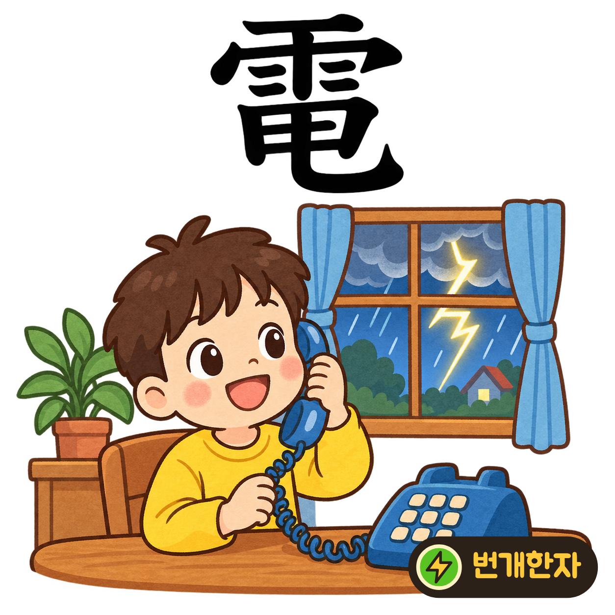 電: 비 雨 아래에서 긴 획이 구부러져 나와요. 비구름 밑으로 번개가 번쩍 뻗는 장면이에요. (기억 그림)