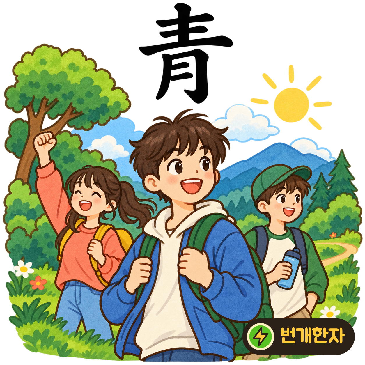 靑: 윗부분의 여러 획 아래에 月을 닮은 모양이 있어요. 푸른 풀잎 위로 맑은 하늘빛이 비친다고 상상해요. (기억 그림)